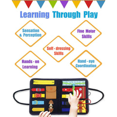 Toddler Busy Board - Montessori Sensory Toy for Autism and Fine Motor Skills Preschool Learn to Dress Educational Activity Board Foldable Plane Travel Toy for Girls and Boys Blue