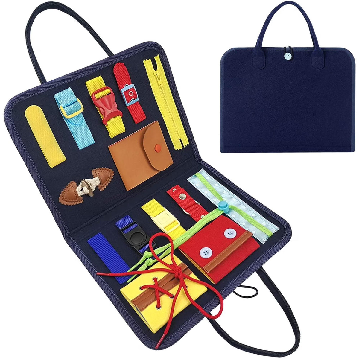 Toddler Busy Board - Montessori Sensory Toy for Autism and Fine Motor Skills Preschool Learn to Dress Educational Activity Board Foldable Plane Travel Toy for Girls and Boys Blue