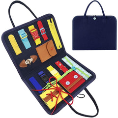 Toddler Busy Board - Montessori Sensory Toy for Autism and Fine Motor Skills Preschool Learn to Dress Educational Activity Board Foldable Plane Travel Toy for Girls and Boys Blue