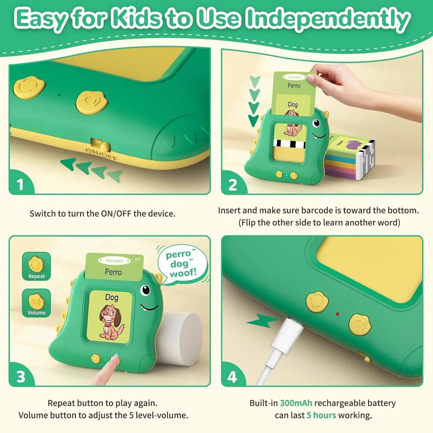 Talking Flash Card Learning Educational Toy, Talking Flash Cards with 224 Words 112 Double Sided Cards Preschool Sensory Toys, Dinosaur Montessori Toys